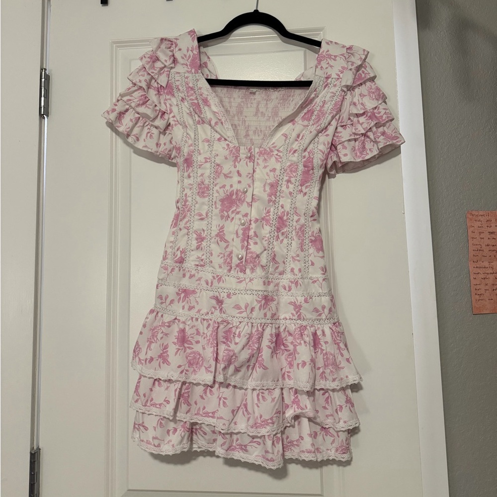 Pink and White Floral Dress with Ruffles